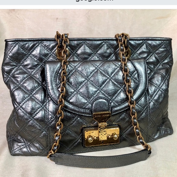 Marc Jacobs Leather Bag Astor metallic silver quilted Dustbag, Key, Cards, ta… - Picture 7 of 13